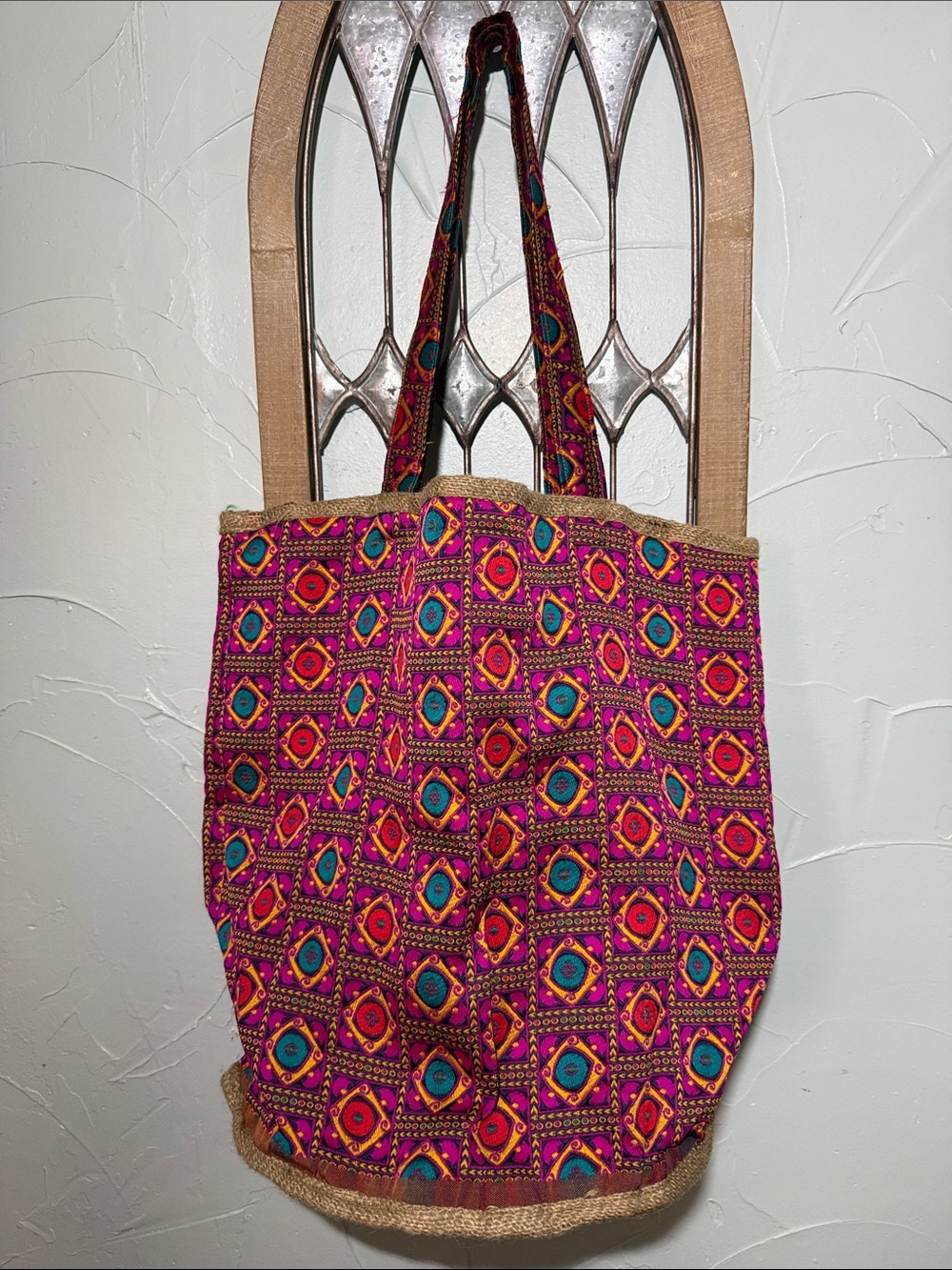 Karma highway Pink Multicolor Geometric bucket tote Bag with Bold Pattern